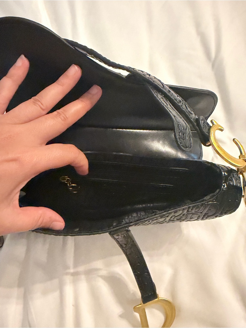 Black Embossed Saddle Bag with Gold Hardware - Picture 2 of 4